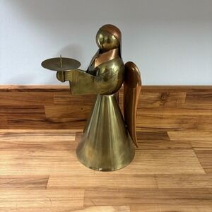 Vintage Brass & Copper Angel Candle Holder 12" MCM Figurine Made In Hong Kong